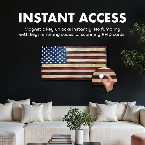 Large American Flag Hidden Gun Cabinet with Magnetic Lock – Quick Access Concealed Wall Safe for Rifles, Shotguns & Handguns