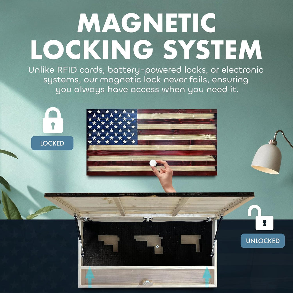 Large American Flag Hidden Gun Cabinet with Magnetic Lock – Quick Access Concealed Wall Safe for Rifles, Shotguns & Handguns