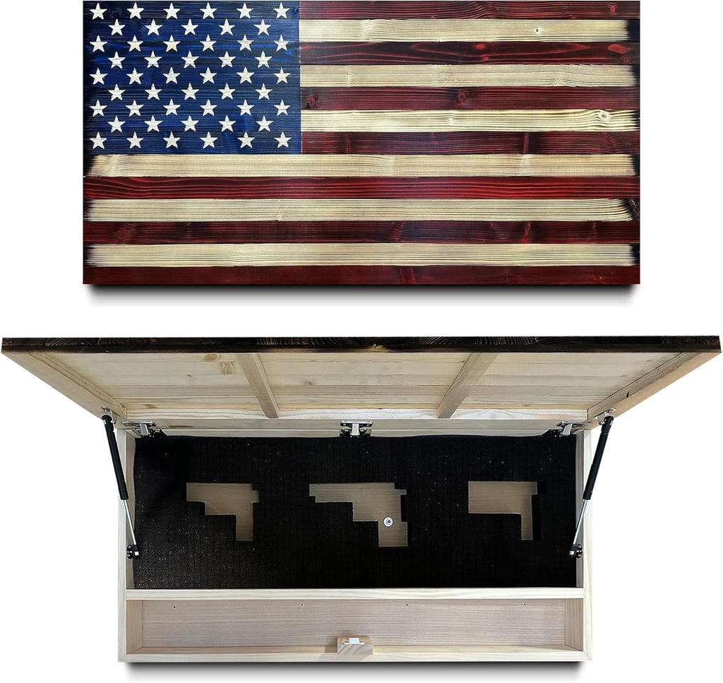 Large American Flag Hidden Gun Cabinet with Magnetic Lock – Quick Access Concealed Wall Safe for Rifles, Shotguns & Handguns